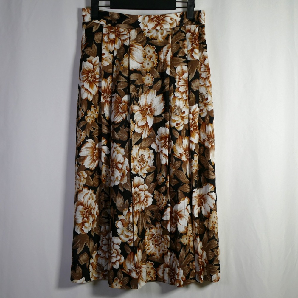 VTG Womens Linen Blend Floral Pleated Midi Skirt Size 10 Petite Union Cottage
